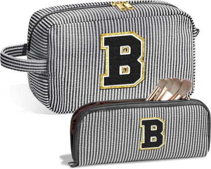 Chenille Striped Makeup Bag - 2-in-1 Lightweight Travel Cosmetic Organizer with Removable Compartments -dropshippingabc.com