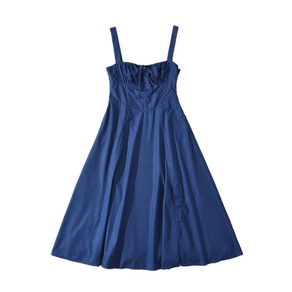 Square Neck Bustier Midi Dress - Low Cut Sleeveless Swing Sundress with Lace Trim & Spaghetti Straps -dropshippingabc.com