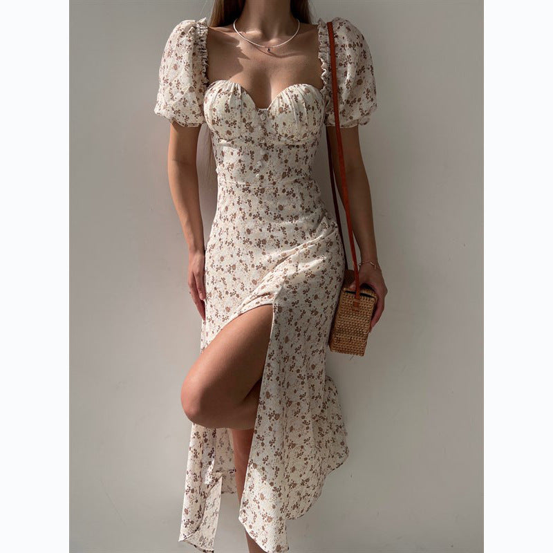 Sleeveless Floral Print Maxi Dress - Strapless Square Neck with High Slit & Waist Emphasis -dropshippingabc.com