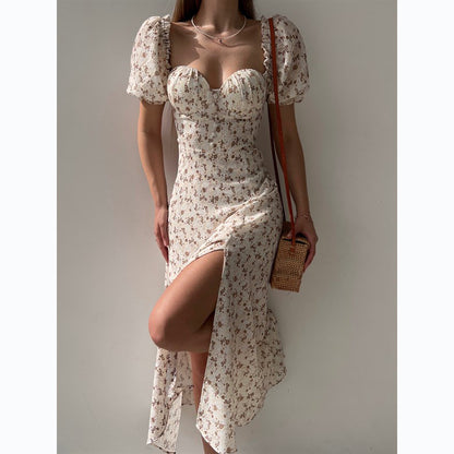 Sleeveless Floral Print Maxi Dress - Strapless Square Neck with High Slit & Waist Emphasis -dropshippingabc.com