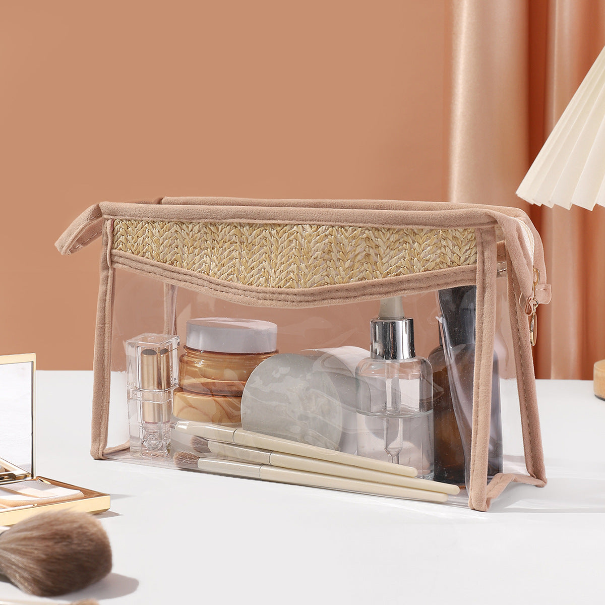 Straw & PVC Makeup Brush Bag - Transparent Lightweight Cosmetic Organizer for Portable Storage -dropshippingabc.com