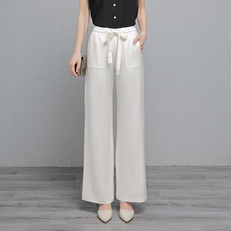 Women's Cotton Linen Wide Leg Pants - High Waisted Drawstring Summer Beach Pants with Pockets -dropshippingabc.com