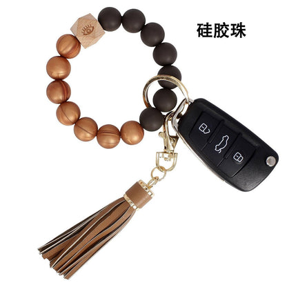 PU Tassel Keychain Women's Bag charm Silicone Beaded Keychain Wristlet Key Ring Bracelet Cute Car Key Chain Holder for Women Girls -dropshippingabc.com