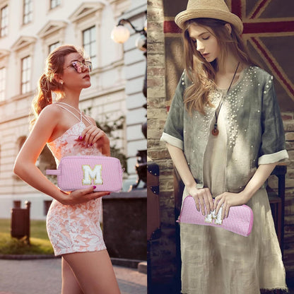 Chenille Striped Makeup Bag - 2-in-1 Lightweight Travel Cosmetic Organizer with Removable Compartments -dropshippingabc.com