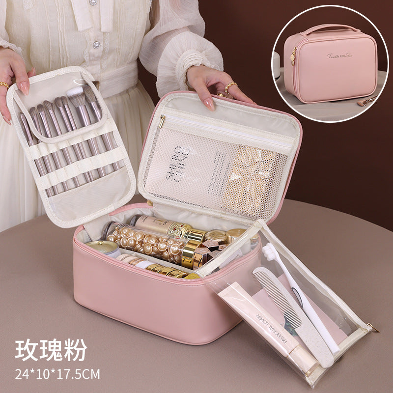 Makeup Bag with 6 Compartments | Large Capacity Travel Organizer with Brush Holder -dropshippingabc.com