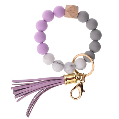 PU Tassel Keychain Bag charm Silicone Beaded Keychain Wristlet Key Ring Bracelet Cute Car Key Chain Holder for Women Girls