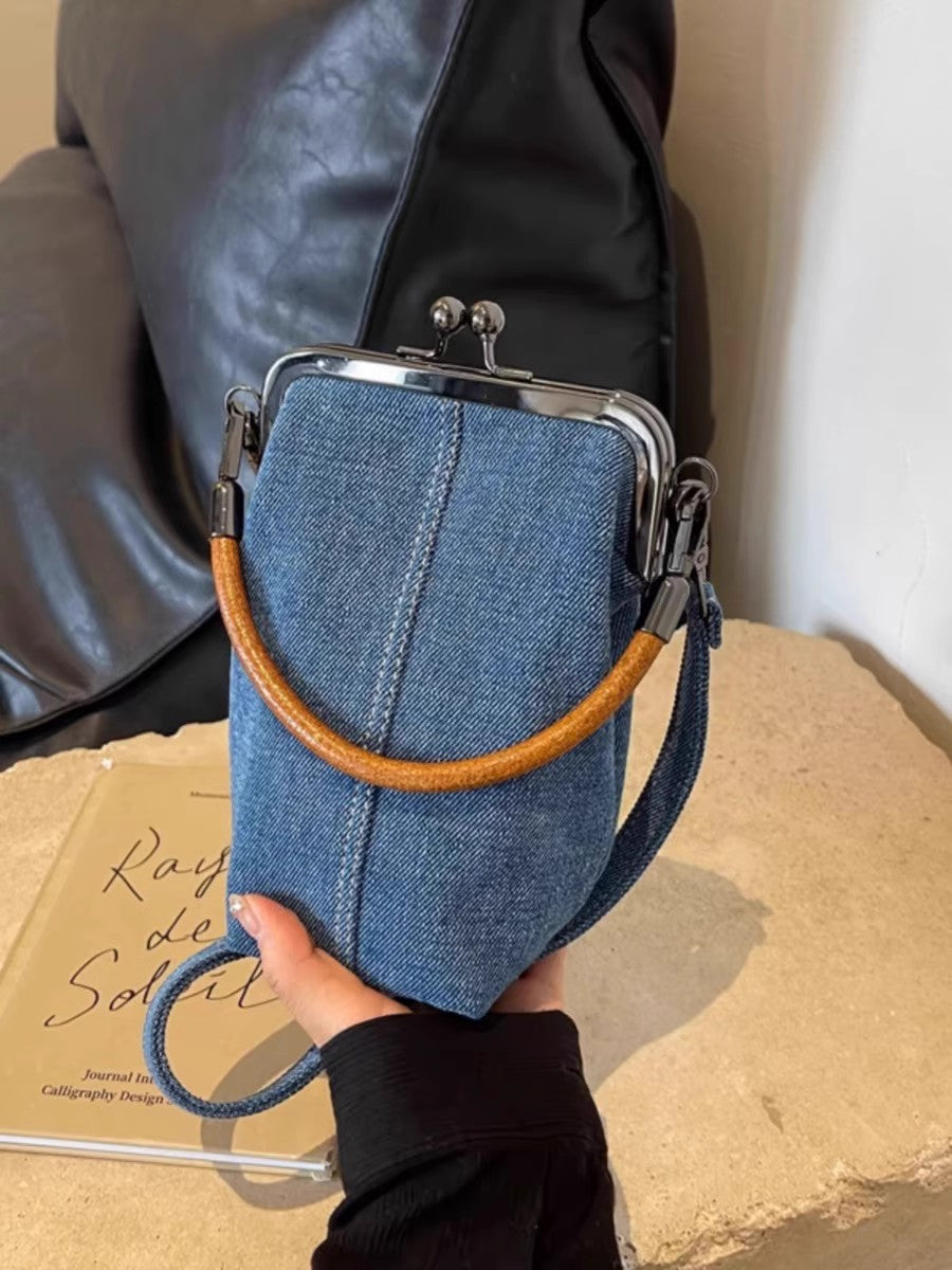 Denim Phone Bag with Clasp Closure - Soft Leather Handle & Adjustable Crossbody Strap -dropshippingabc.com