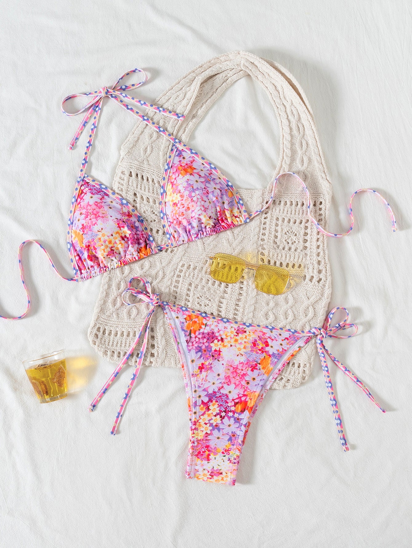 Hemming contrasting print strap sexy bikini split swimsuit Batwing Short Sleeve Shirt W Plants Print