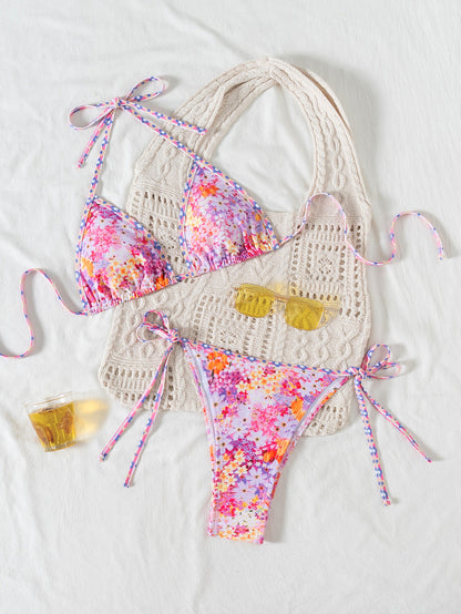 Contrasting Print Strap Sexy Bikini Split Swimsuit Batwing Short Sleeve Shirt W Plants Print