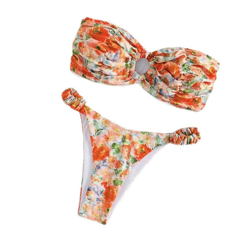 Floral Bandeau Bikini Set - Sexy Tube Top & High-Cut Split Bottom Swimsuit for Women -dropshippingabc.com