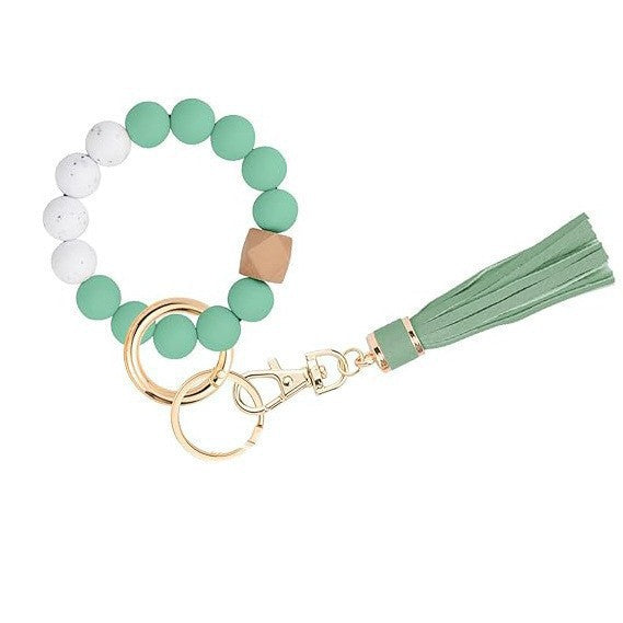 PU Tassel Keychain Bag charm Silicone Beaded Keychain Wristlet Key Ring Bracelet Cute Car Key Chain Holder for Women Girls