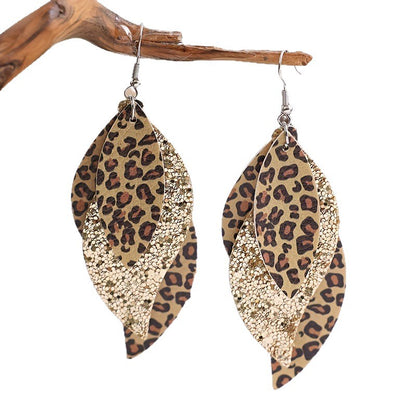 Bohemian Geometric Drop Earrings - Lightweight Faux Leather Leaf Design with Double-Sided Color & Triple Tassel Fringe -dropshippingabc.com