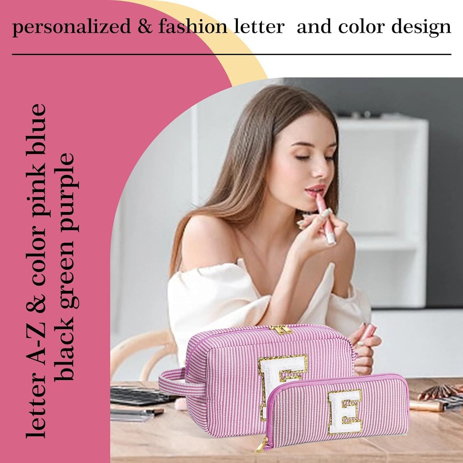 Chenille Striped Makeup Bag - 2-in-1 Lightweight Travel Cosmetic Organizer with Removable Compartments -dropshippingabc.com