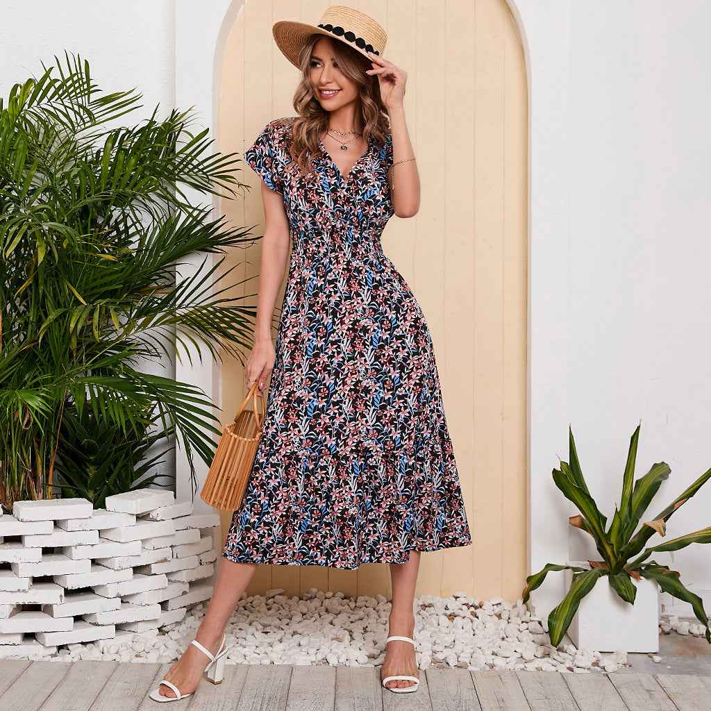 Women Summer Chiffon Floral Print Long Dress