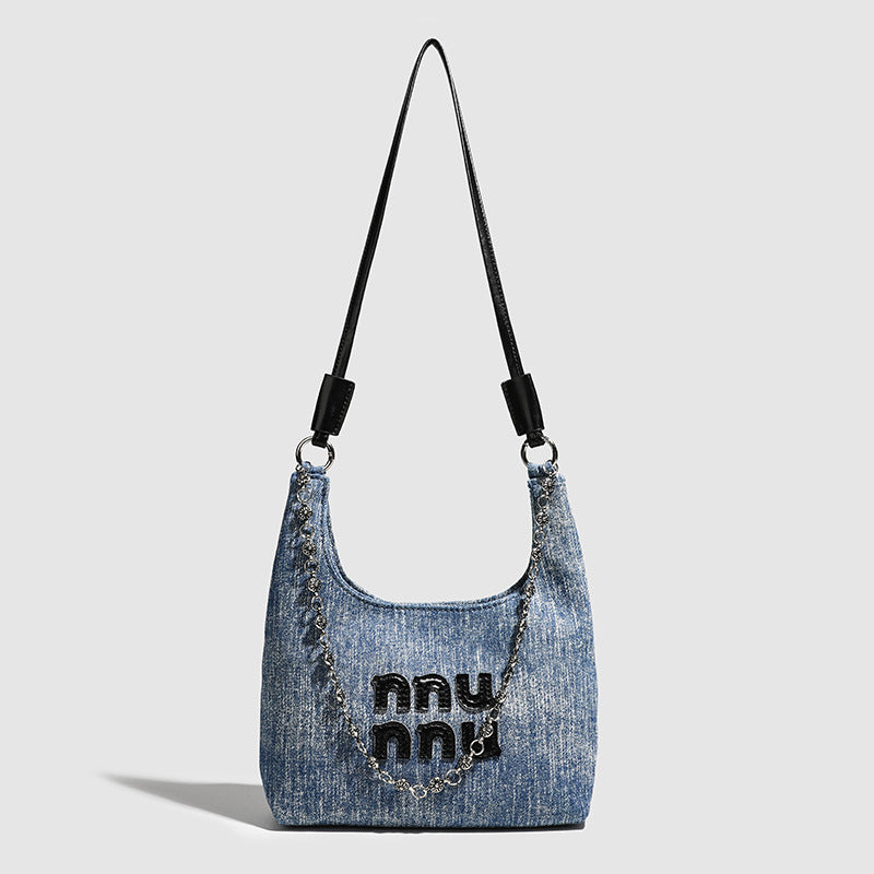 Simple Retro Small Crossbody Denim Slouch Bag - Versatile Denim Hobo Purse with Chain Strap -dropshippingabc.com