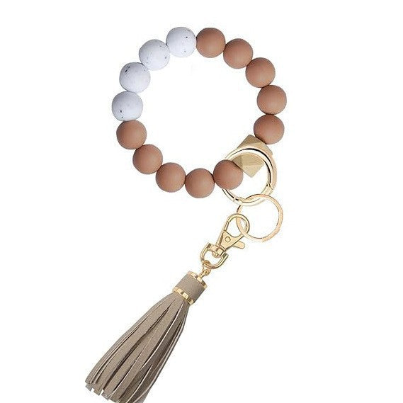 PU Tassel Keychain Bag charm Silicone Beaded Keychain Wristlet Key Ring Bracelet Cute Car Key Chain Holder for Women Girls