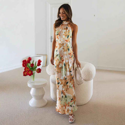 Summer Satin Dress Elegant Sleeveless Mock Neck Cocktail Party Maxi Dresses Sexy Halter Neck Floral Print Slim Casual dress