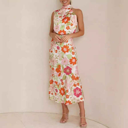 Sleeveless Strap Dress Slim Dress Satin Printing Temperament