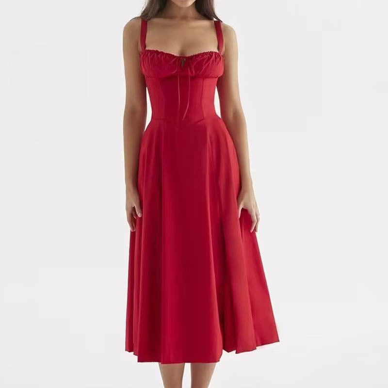 Square Neck Bustier Midi Dress - Low Cut Sleeveless Swing Sundress with Lace Trim & Spaghetti Straps -dropshippingabc.com