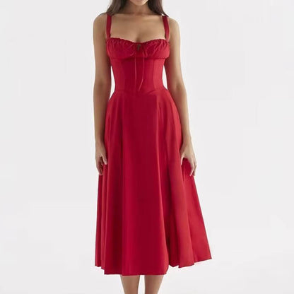 Square Neck Bustier Midi Dress - Low Cut Sleeveless Swing Sundress with Lace Trim & Spaghetti Straps -dropshippingabc.com