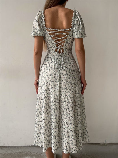 Sleeveless Floral Print Maxi Dress - Strapless Square Neck with High Slit & Waist Emphasis -dropshippingabc.com