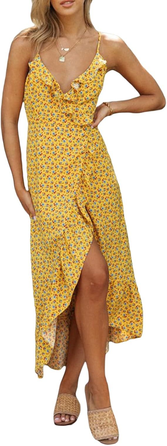 Sexy Floral Print Suspender Skirt Dress - Women's V-Neck Ruffled Reformation Style Holiday Party Dress -dropshippingabc.com