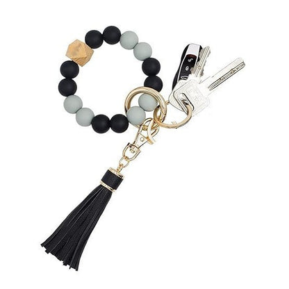 PU Tassel Keychain Bag charm Silicone Beaded Keychain Wristlet Key Ring Bracelet Cute Car Key Chain Holder for Women Girls