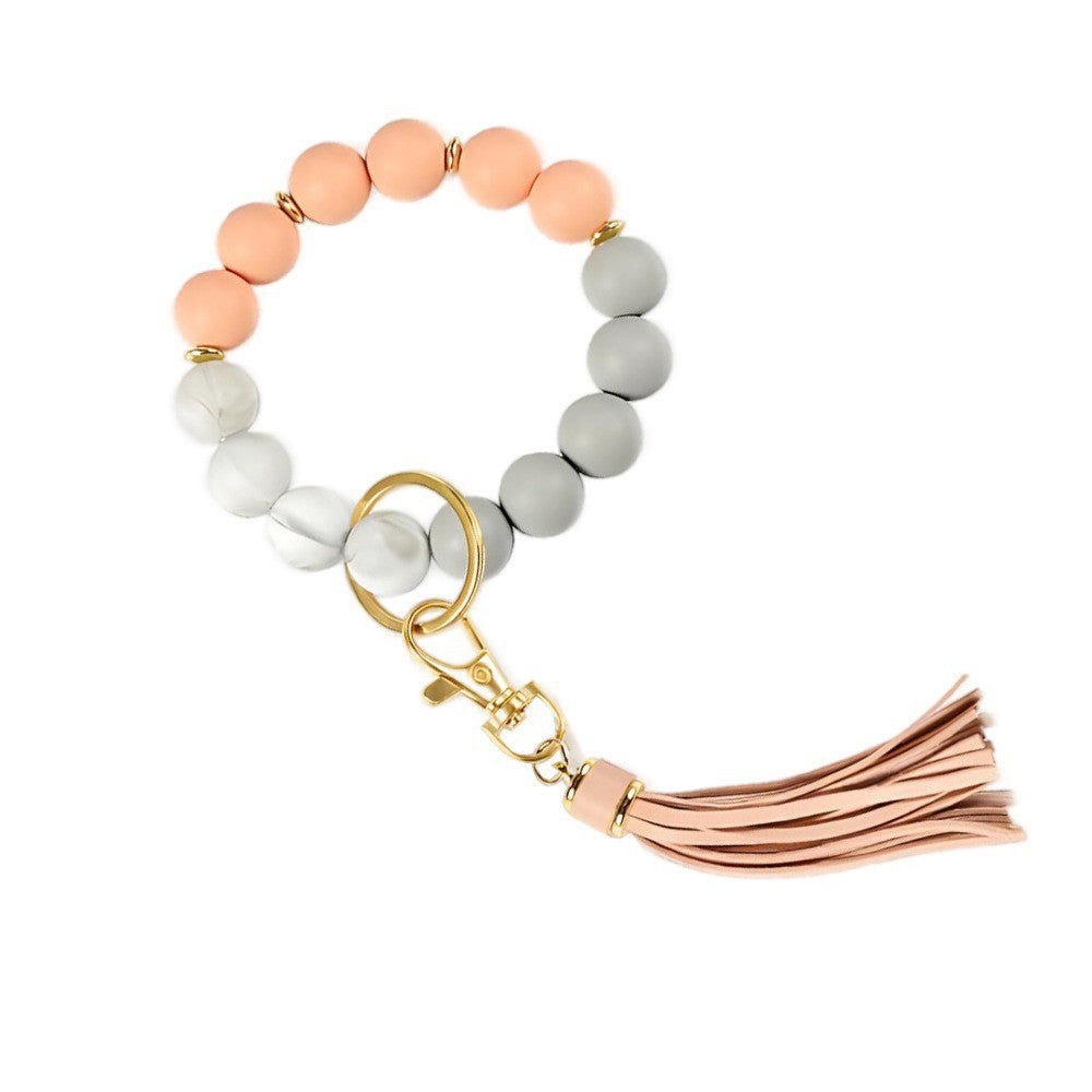 PU Tassel Keychain Bag charm Silicone Beaded Keychain Wristlet Key Ring Bracelet Cute Car Key Chain Holder for Women Girls