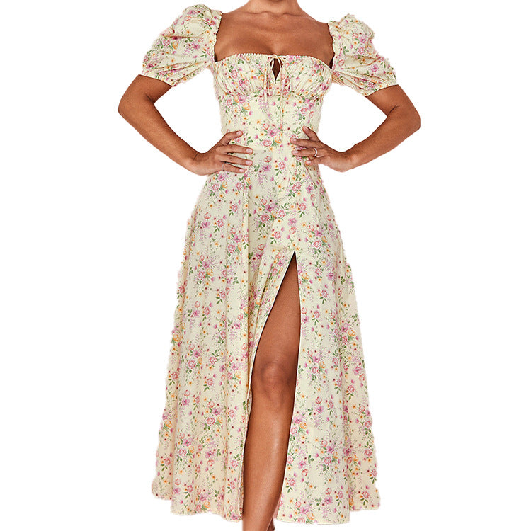 Floral Square Neck Sexy Split Swing Spring Dress Off Shoulder Flower Print Sexy Dress -dropshippingabc.com