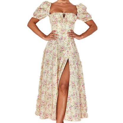 Floral Square Neck Sexy Split Swing Spring Dress Off Shoulder Flower Print Sexy Dress -dropshippingabc.com