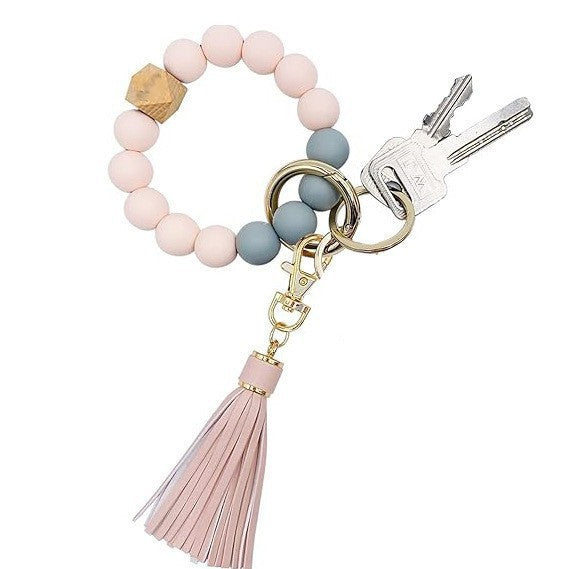 PU Tassel Keychain Bag charm Silicone Beaded Keychain Wristlet Key Ring Bracelet Cute Car Key Chain Holder for Women Girls