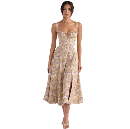 Sleeveless Strapless Bandage Corset Dress - Floral Print Long Midi Dress with Lace Up Back & Thigh Slit -dropshippingabc.com