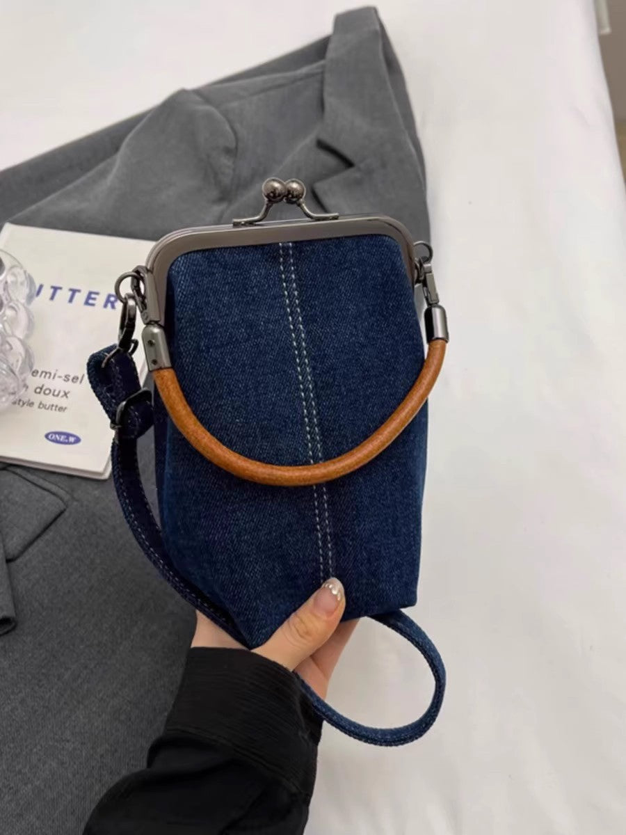 Denim Phone Bag with Clasp Closure - Soft Leather Handle & Adjustable Crossbody Strap -dropshippingabc.com