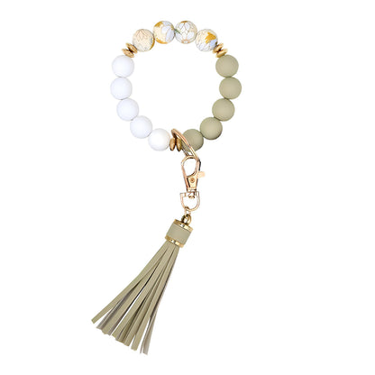 PU Tassel Keychain Women's Bag charm Silicone Beaded Keychain Wristlet Key Ring Bracelet Cute Car Key Chain Holder for Women Girls