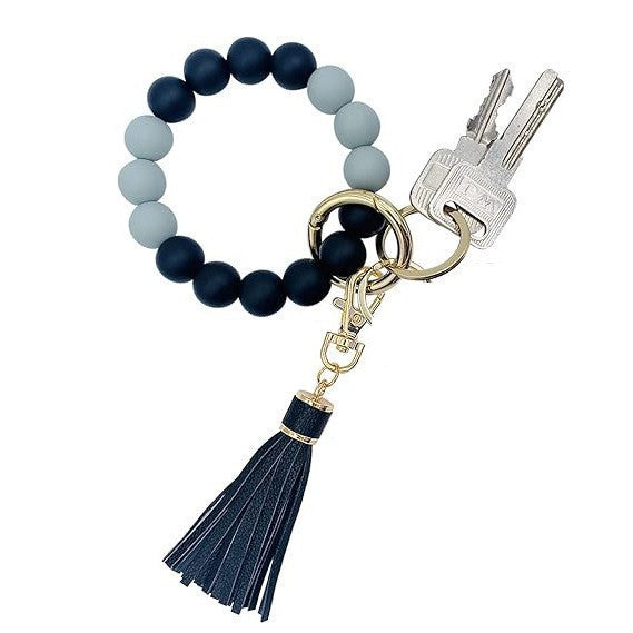 PU Tassel Keychain Bag charm Silicone Beaded Keychain Wristlet Key Ring Bracelet Cute Car Key Chain Holder for Women Girls