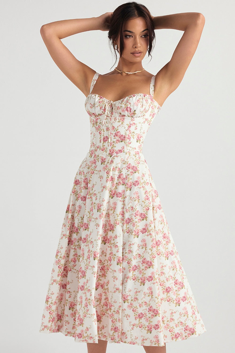 Sleeveless Strapless Bandage Corset Dress - Floral Print Long Midi Dress with Lace Up Back & Thigh Slit -dropshippingabc.com