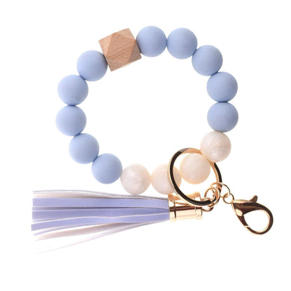 PU Tassel Keychain Bag charm Silicone Beaded Keychain Wristlet Key Ring Bracelet Cute Car Key Chain Holder for Women Girls