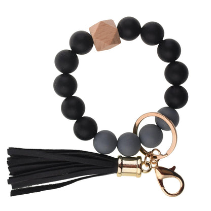 PU Tassel Keychain Bag charm Silicone Beaded Keychain Wristlet Key Ring Bracelet Cute Car Key Chain Holder for Women Girls