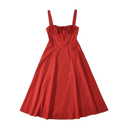 Square Neck Bustier Midi Dress - Low Cut Sleeveless Swing Sundress with Lace Trim & Spaghetti Straps -dropshippingabc.com