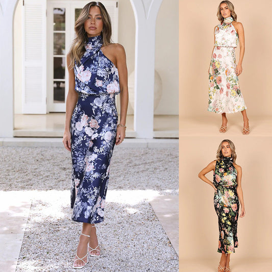 Women's Summer Sundress - Sexy Halter Sleeveless Satin Dress with Elastic Waist & Ruffle Trim -dropshippingabc.com