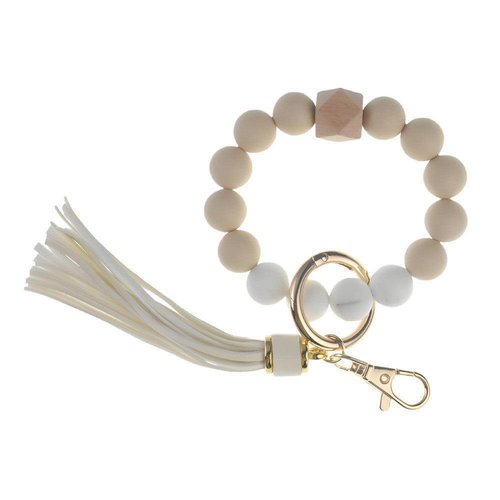 PU Tassel Keychain Bag charm Silicone Beaded Keychain Wristlet Key Ring Bracelet Cute Car Key Chain Holder for Women Girls