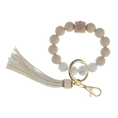 PU Tassel Keychain Bag charm Silicone Beaded Keychain Wristlet Key Ring Bracelet Cute Car Key Chain Holder for Women Girls