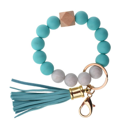 PU Tassel Keychain Bag charm Silicone Beaded Keychain Wristlet Key Ring Bracelet Cute Car Key Chain Holder for Women Girls