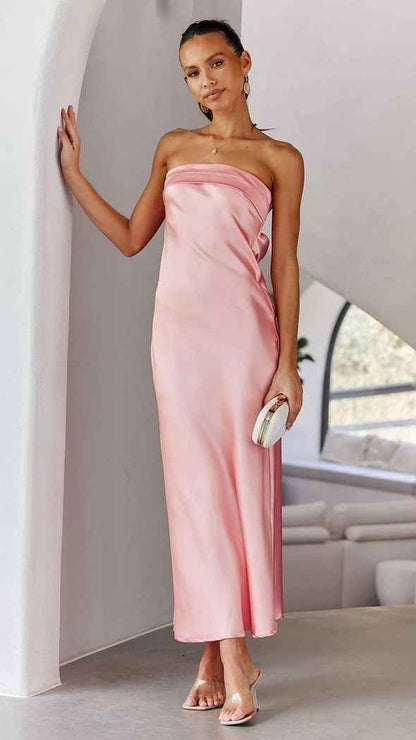 Satin Halter Backless Slit Midi Dress - Print High Neck Elastic Waist Wedding Guest Dress