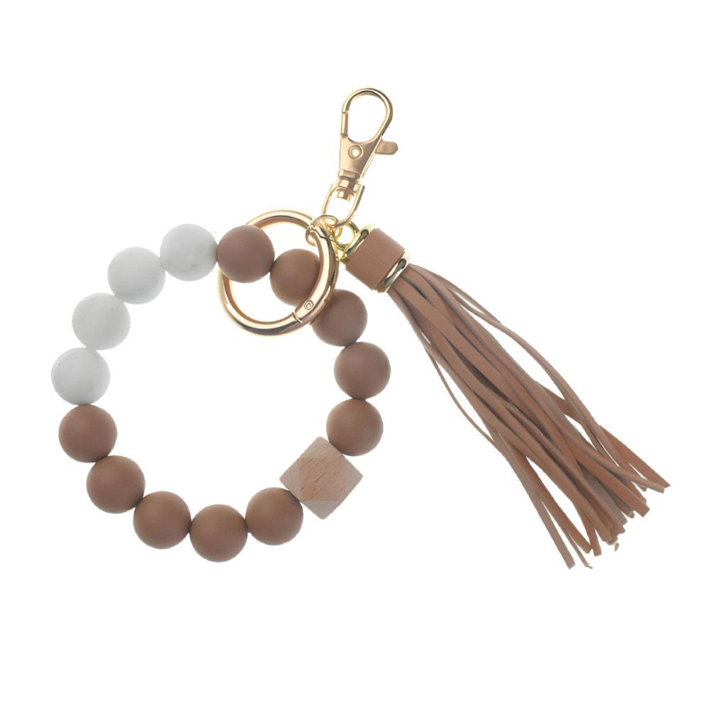 PU Tassel Keychain Bag charm Silicone Beaded Keychain Wristlet Key Ring Bracelet Cute Car Key Chain Holder for Women Girls