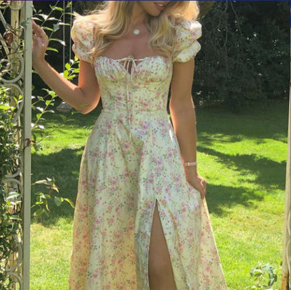 Floral Square Neck Sexy Split Swing Spring Dress Off Shoulder Flower Print Sexy Dress -dropshippingabc.com