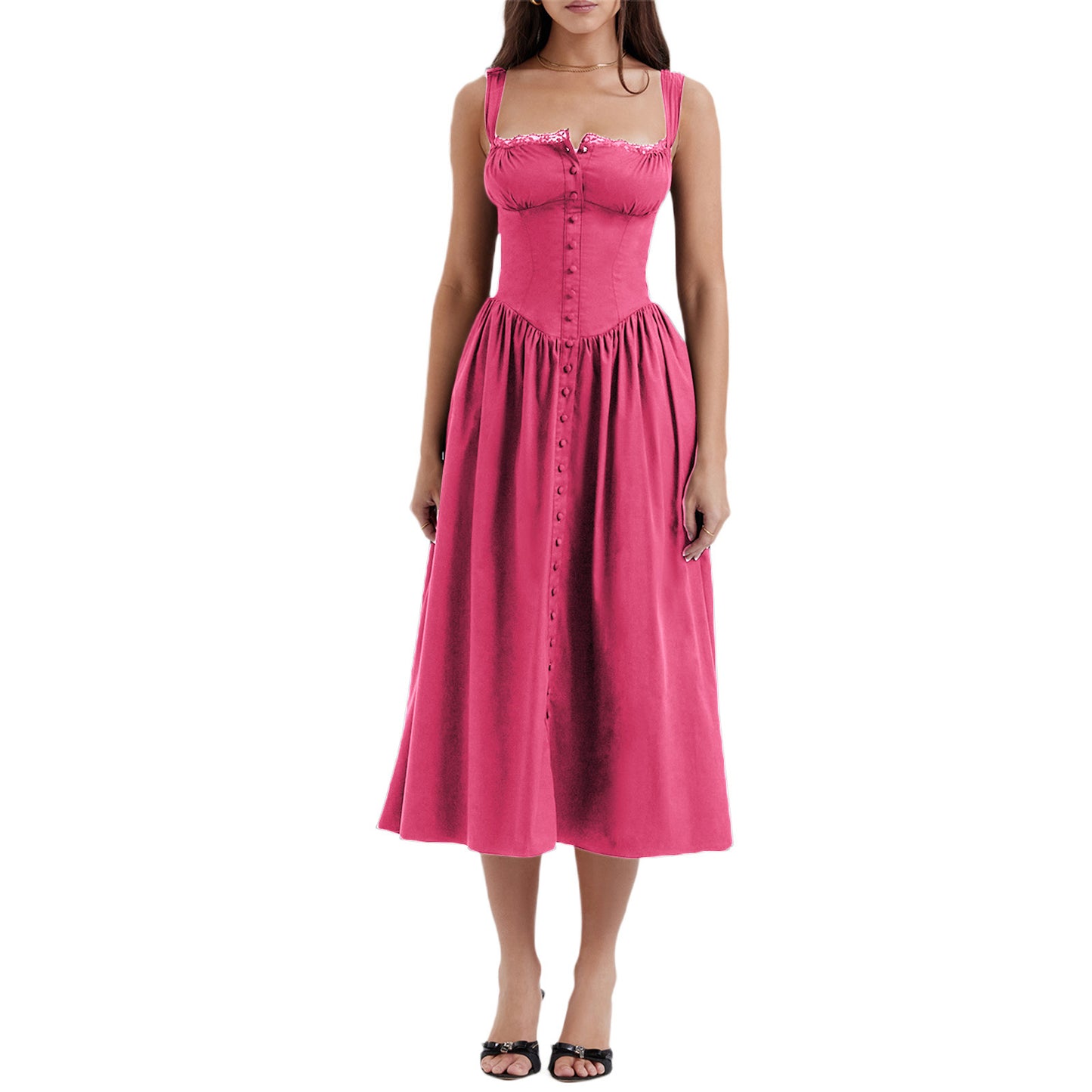 Floral Midi Corset Dress with Square Neck - Women's Smocked Lace-Up Sundress for Wedding Guest & Beach Holiday Parties -dropshippingabc.com