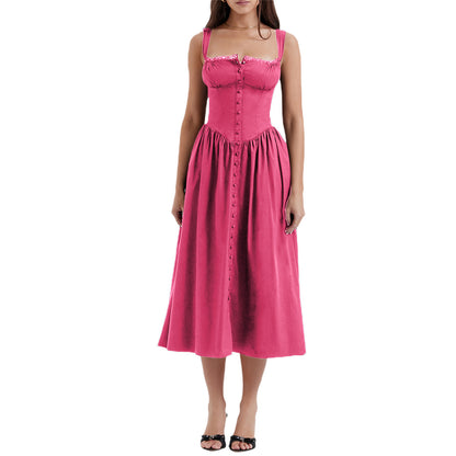 Floral Midi Corset Dress with Square Neck - Women's Smocked Lace-Up Sundress for Wedding Guest & Beach Holiday Parties -dropshippingabc.com