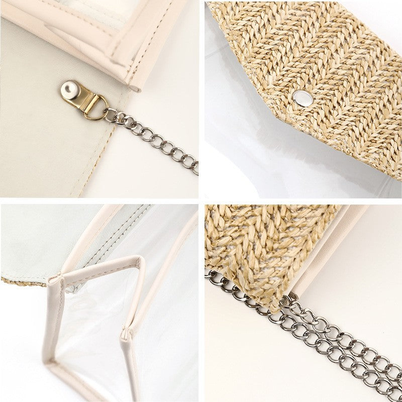 Ladies Chain Cosmetic Bag - Transparent Button Closure Shoulder Bag with Makeup Brush Compartment -dropshippingabc.com