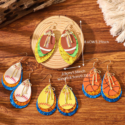 Sports Team Faux Leather Earrings - Volleyball, Basketball, Football, Baseball Geometric Drop Dangle Earrings -dropshippingabc.com